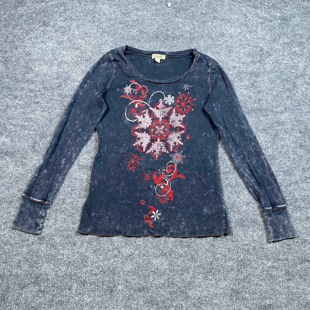 One World Womens Gray Acid Wash Snowflake Thermal Top Rhinestone Long Sleeve M
